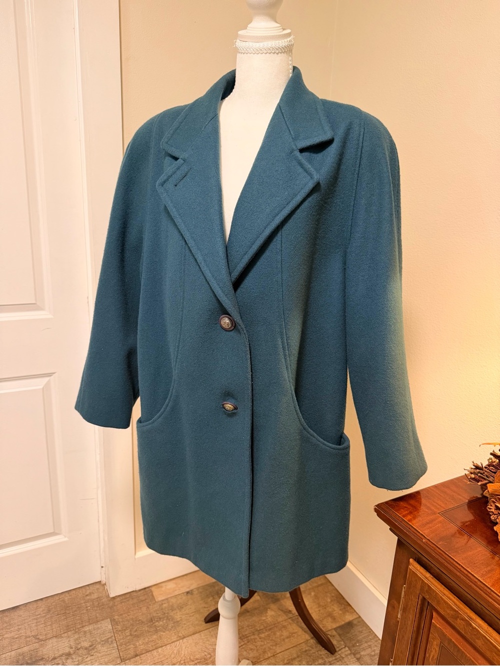Vintage Miss New Yorker Teal Peacock 🦚 Blue Wool Blend Pea Coat Pockets Winter